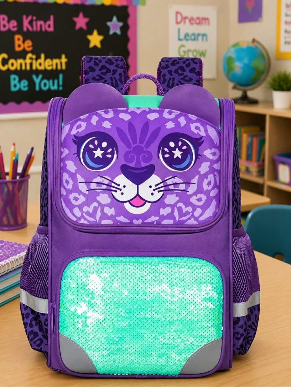 New Cute Purple Leopard and Sequins Reflective Backpack